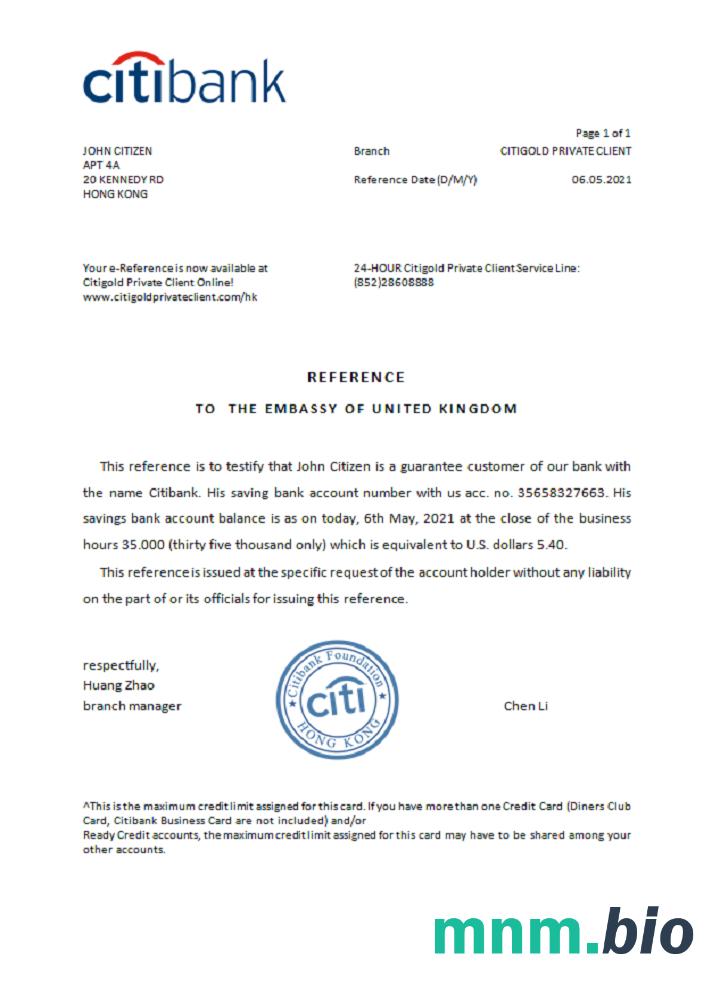 Przykład odniesienia do Citibanku w Hongkongu w formatach Word i PDF